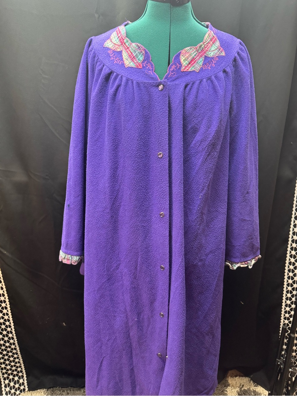 Plum Long Button-Front Robe with Plaid Trim